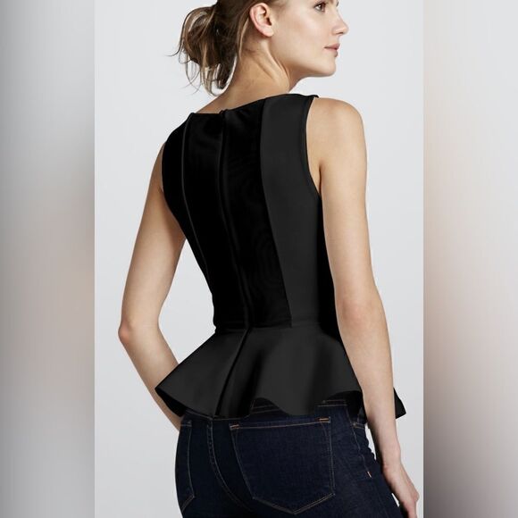 Alice + Olivia Ponte Black Mesh Panel Sleeveless Peplum Top - Picture 2 of 8